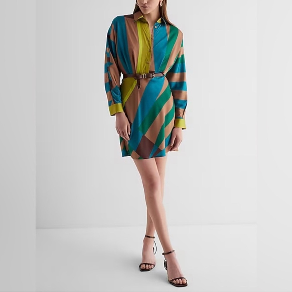 Express Women’s Silk Multicolor Geometric Shirt Dress with Cinch Waist - XS, NWT